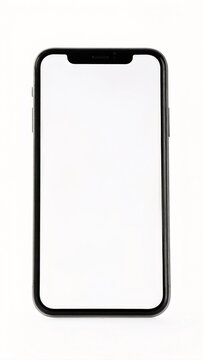 sleek black iPhone lying flat with a bright white blank screen, minimal design, viewed from above