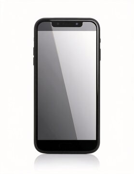 a sleek black iPhone lying flat with a blank, reflective screen, subtle edge highlights, and soft shadows on a neutral surface