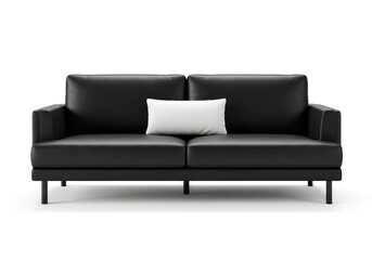 Fototapeta premium Modern black leather seating arrangement features a single white accent cushion positioned centrally.