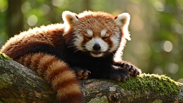 Red Panda Resting on Tree Branch.