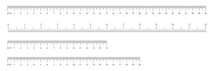 Measuring charts with 30 centimeters, 12 inches. Horizontal scale with 6 inch and 15 centimeter markup and numbers. Rulers Inch and metric rulers template. EPS 10.