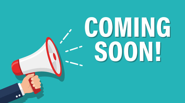 "Coming Soon!" Megaphone Announcement Banner with Hand Holding Bullhorn for New Product Launch or Event