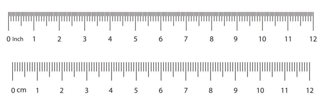 Ruler scales 1to 10, 12 centimeters, inches markup, numbers. Measuring sticks. Distance, height, length measurement, sewing tool black mockup. Measuring chart, metric, imperial units icon template.