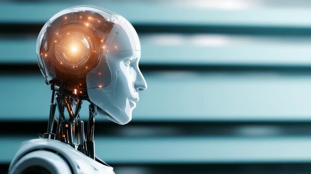 Highly detailed android with glowing neural interface represents future AI, robotics. Highlights technological progress, machine learning, human robot interaction in modern society