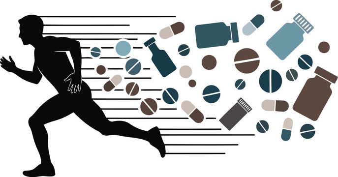 Silhouette Runner with Supplements and Pills Illustrating Sports Nutrition and Performance Enhancement