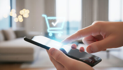 Close up of hand using smartphone with glowing shopping cart icon, online e-commerce and digital marketing concept
