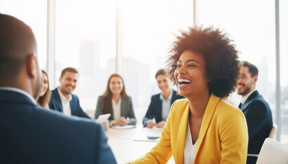 Joyful African American businesswoman laughing in a diverse office meeting, corporate teamwork and leadership concept.