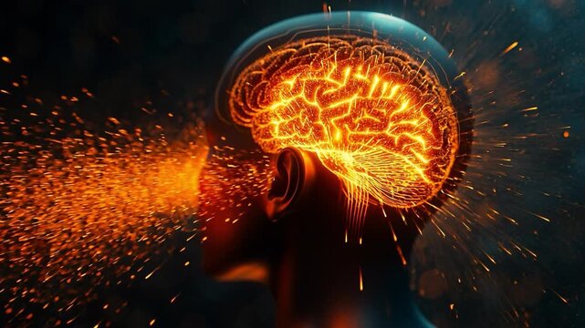 Spark of Inspiration: An artistic portrayal of a human head illuminated to reveal the inner workings of the brain as sparks emanate, symbolizing thoughts and ideas.