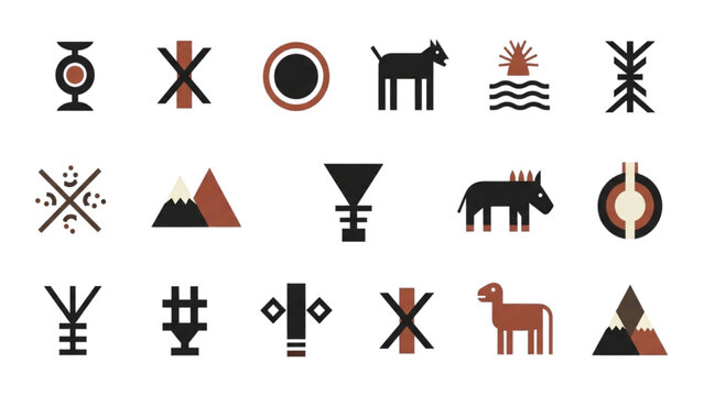Tribal African Symbol Icon Set with Animal and Geometric Motifs
