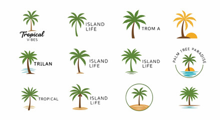Obraz premium Collection of tropical palm tree icons and island life labels on white background for travel and tourism branding