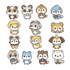 Obraz premium A cute cartoon animal head collection featuring a vector illustration set of a dog, cat, lion, bear, tiger, rabbit, pig, cow, elephant, horse, sheep, and giraffe character icons for a baby zoo
