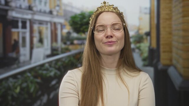 Woman wearing a golden crown and round glasses smiles with head tilt on street by brick building; confidence joy.