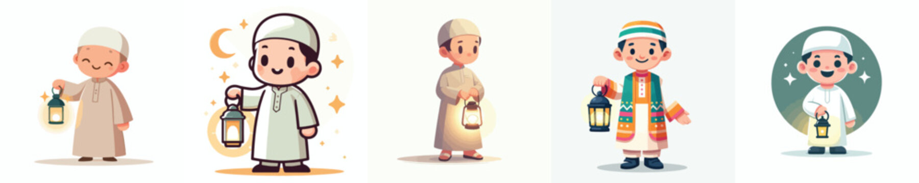 vector of a Muslim little boy standing carrying a Ramadan lantern