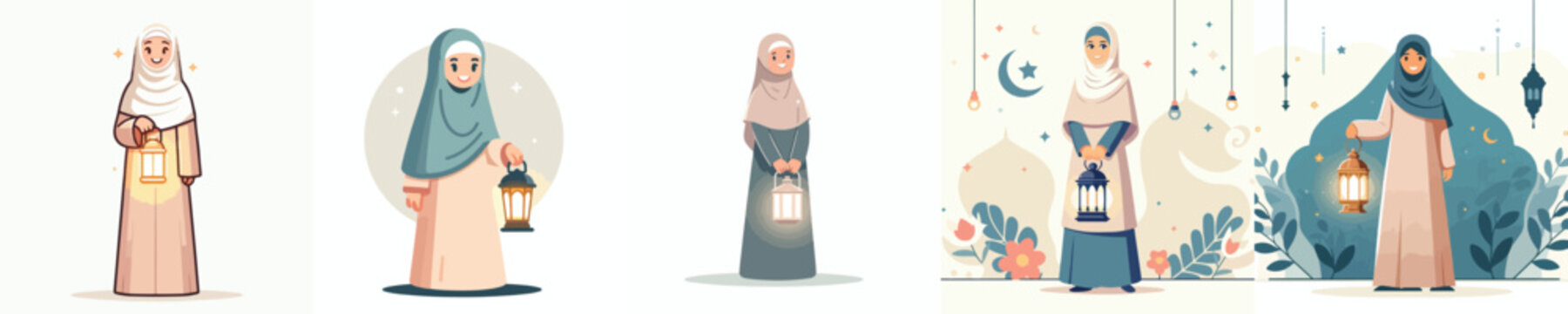 vector of a Muslim woman standing carrying a Ramadan lantern