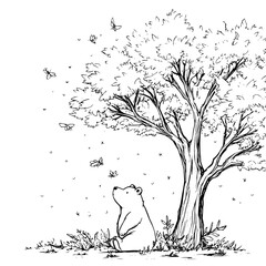 Winnie the Pooh Sitting Under Tree with Butterflies