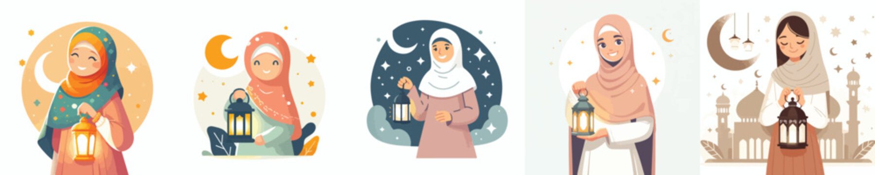 half body vector of a Muslim woman standing carrying a Ramadan lantern