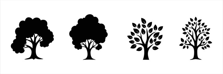 Collection of four stylized tree icons in silhouette for various uses