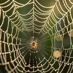 A spider in the center of a dew-covered web, glistening in morning light, captured in a close-up photograph with a blurred green background via whisk_e1bzkg