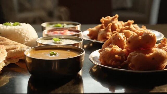 An appetizing authentic indian thali culinary experience, featuring diverse dishes served with warm lighting.