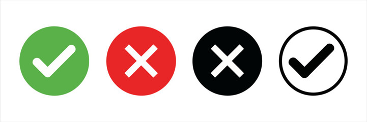 Obraz premium Set of green check mark and red cross icons on white background