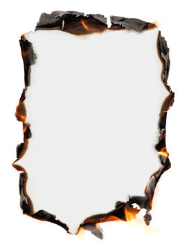 White sheet of paper with burning and burnt edges isolated background on white