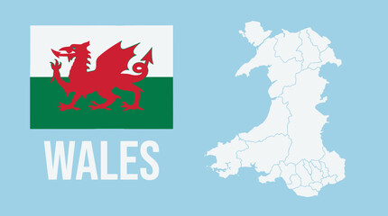 Welsh National Identity: Flag of Wales (Y Ddraig Goch), Detailed Map Outline with Regions, and 'WALES' Text on Light Blue Background