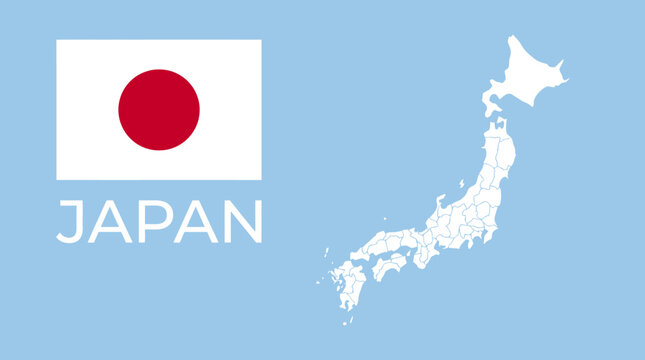 Japan National Flag and Outline Map with Country Name on Light Blue Background - Geography, Culture, and Identity Symbol