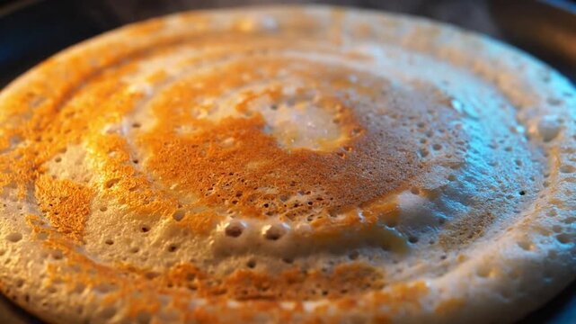 Close-up of a golden-brown indian dosa sizzling on a hot pan, an authentic culinary experience.
