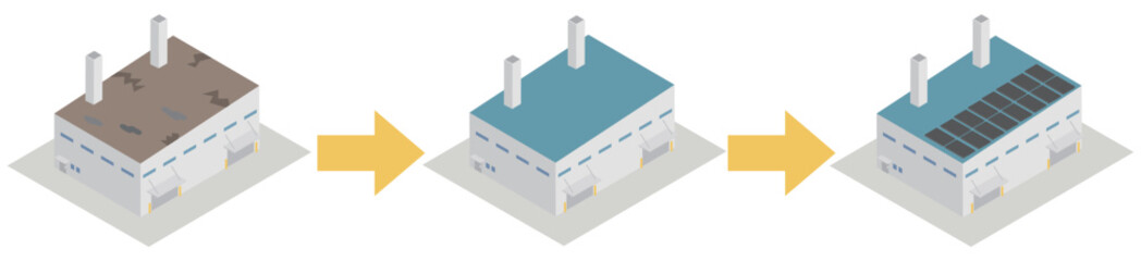 工場の屋根修繕から太陽光パネル設置までの施工のアイソメトリックイラスト素材