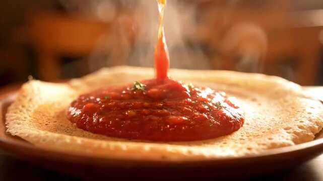 Dynamic close-up of vibrant red sauce pouring onto a steaming indian dosa, an appetizing part of an authentic thali.