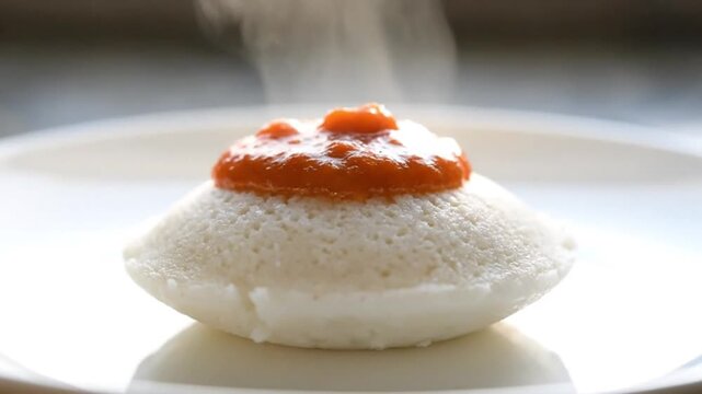 Close-up of a steaming indian idli with vibrant orange chutney, ready for an authentic thali culinary experience.