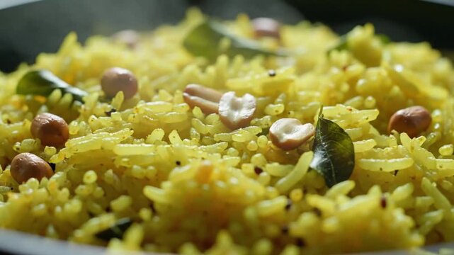 A vibrant close-up of yellow indian poha, a delicious dish often part of an authentic thali experience.