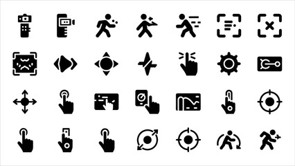 Fototapeta premium Collection of black icons representing various actions and objects on a clean white background, viewed directly from the front.