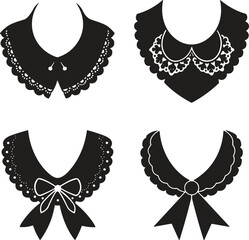 Black vector illustration set of four vintage detachable collars with lace trim embroidery and bow details for fashion design and clothing accessory projects