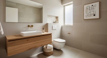 Modern bathroom interior design with wooden vanity and contemporary fixtures