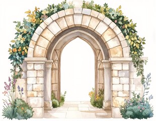 Naklejka premium a soft watercolor painting of a stone archway draped in blooming flowers and lush green plants, bathed in gentle, natural light