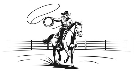 Cowboy on Horseback Swinging Lasso in Arena. © Dina