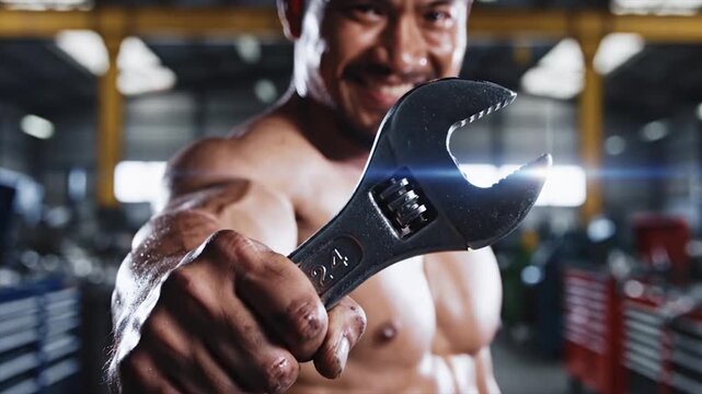 Muscular Mechanic Holding Adjustable Wrench in Industrial Workshop.