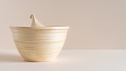 Fototapeta premium a white ceramic bowl with an open lid, showing its smooth glossy interior on a clean, softly lit surface