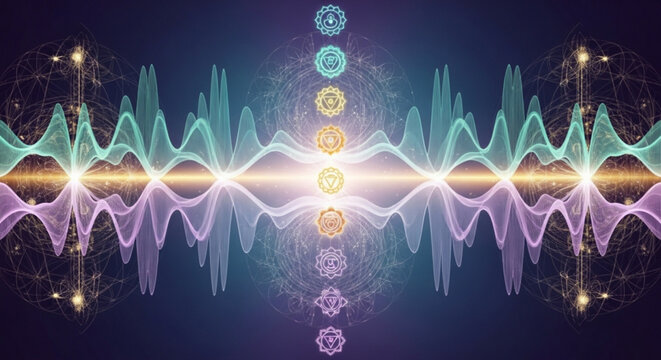 Vibrational energy frequencies of seven chakras in harmony with sound waves and light emitting orbs on dark background