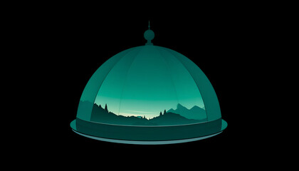 Fototapeta premium Green nature scene inside a dome; tranquil landscape with mountains and forests on a platter a stylish nature scene illustration