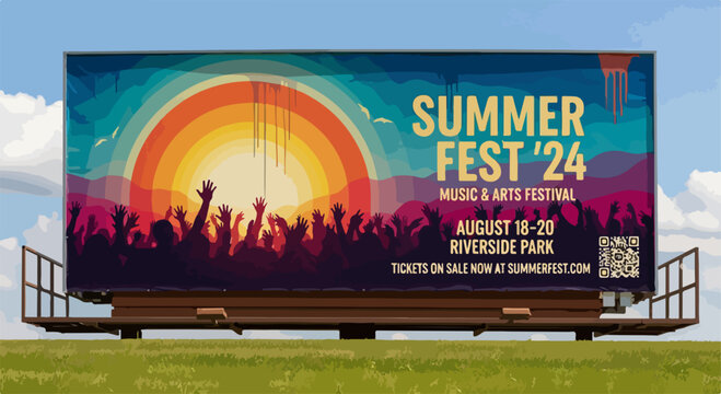 Summer music festival billboard with colorful sunset background and silhouetted crowd advertising summer fest '24 event in riverside park
