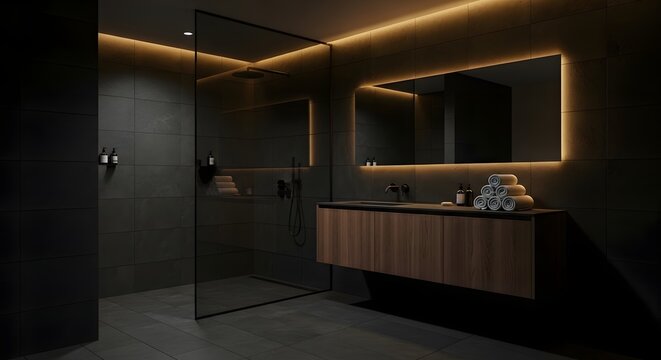 Modern bathroom interior with illuminated mirror and wooden cabinet design