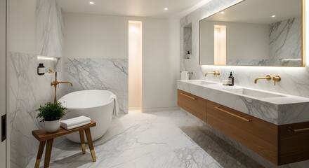 Modern luxury bathroom with marble tiles and gold fixtures