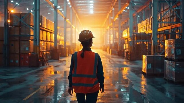 Warehouse Worker: A focused worker stands amidst rows of packed boxes inside a vast, well-organized warehouse, bathed in the soft glow of interior lighting. Demonstrating dedication in action.