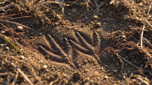 Close up of a textured pattern in dry soil with sharp parallel lines suggesting an animal track or imprint in natural