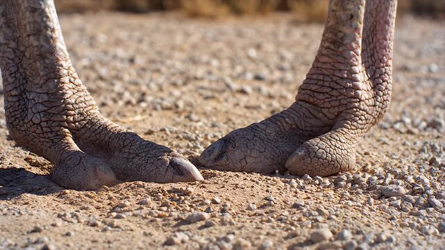 Close Up Of Ostrich Feet On Gravel Ground With Natural Sunlight And Shadow Play