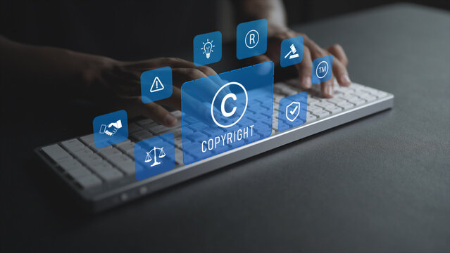 Digital copyright protection concept. Person typing keyboard with licensing and content security icons, intellectual property management and online media protection.