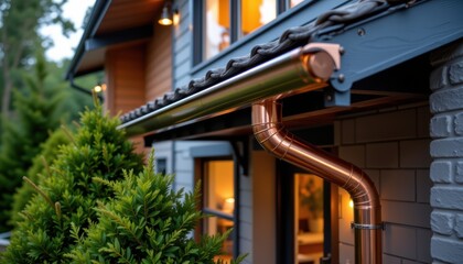 Naklejka premium Modern house exterior with copper rain gutter and greenery in the foreground