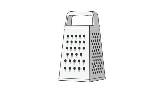 Classic four-sided stainless steel box grater for cheese and vegetables featuring a handle and various shredding surfaces in flat art.